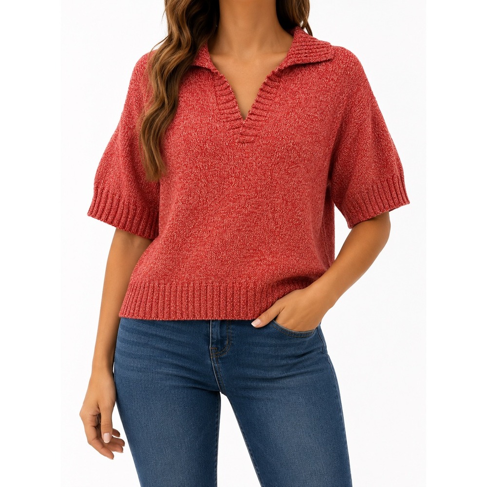 Zara Womens Red Marled Knit Polo Sweater Short Sleeve V-Neck Cotton Blend XL NWT